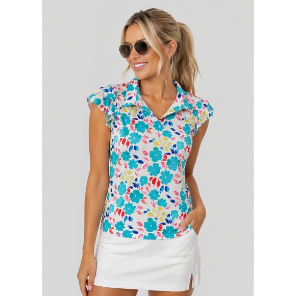 Gottex Tops - Gottex Golf Tennis Floral Sport Polo Shirt White Teal Pink S